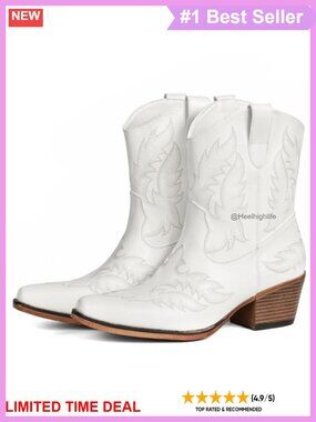 Women's Western Ankle Boots Faux Leather Embroidered Pointed Toe Block Heel